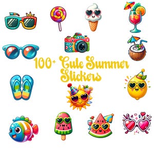 Foglio di Adesivi Digitali Kawaii Estate & Vacanze al Mare: Oltre 100 Sticker PNG Carini per Planner e Progetti Creativi Tropicali