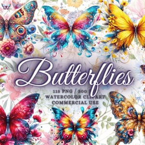 Pacchetto Clipart di farfalle ad acquerello: 115 immagini PNG trasparenti per scrapbooking e inviti 300 DPI | Farfalle digitali floreali