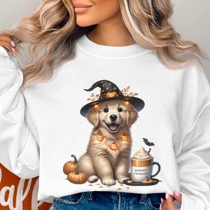Halloween Golden Retriever, sublimatie DTF-ontwerp, 300 DPI, transparante png, heksenhond, spookseizoen, puppykunst
