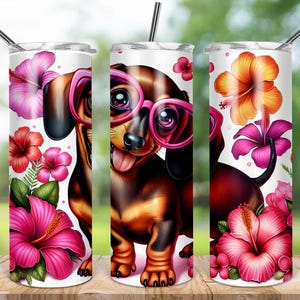 Diseño de vaso de perro salchicha, sublimación sin costuras, vaso de 20 oz, arte de cachorro, flores tropicales, ambiente veraniego, animal adorable, regalo para amantes de las mascotas