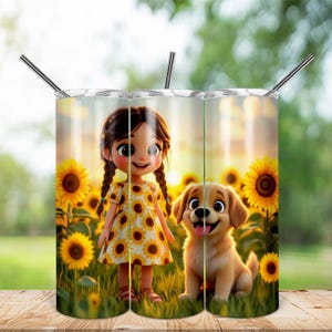 Niedliches Mädchen-Welpen-Sonnenblumen 20 Unzen Becher Nahtloses Sublimationsdesign, Cartoon-Hundeliebhabergeschenk, kinderfreundlich, digitaler Download Tumbler Wrap
