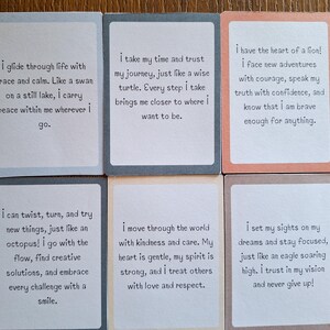 May include: Set of ten affirmation cards with inspirational quotes printed on each card. The cards are printed on different colored paper and have rounded corners.