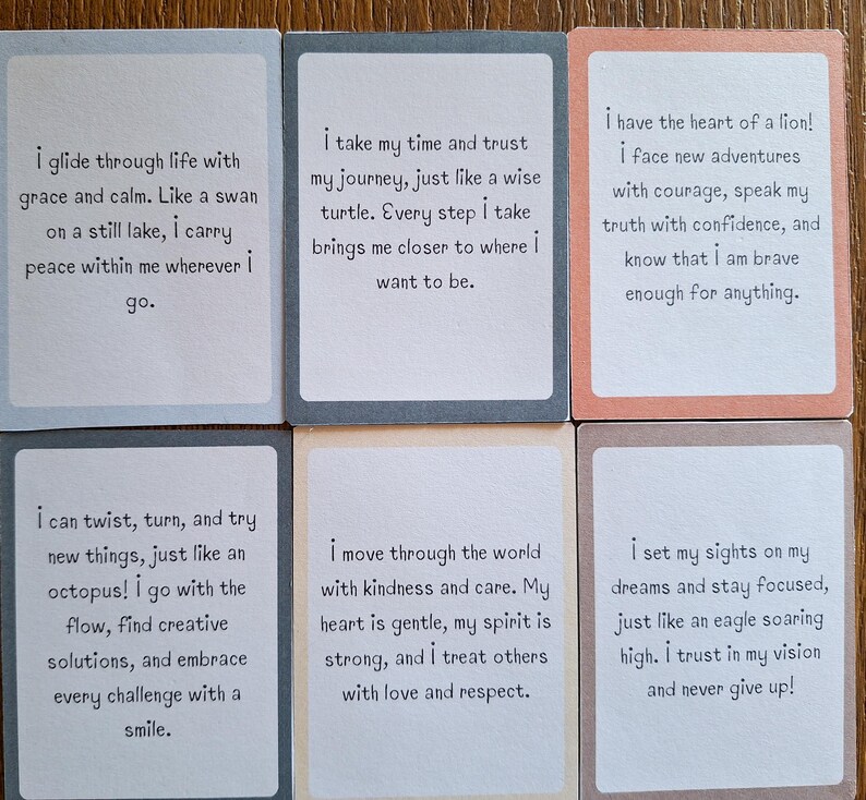 May include: Set of ten affirmation cards with inspirational quotes printed on each card. The cards are printed on different colored paper and have rounded corners.