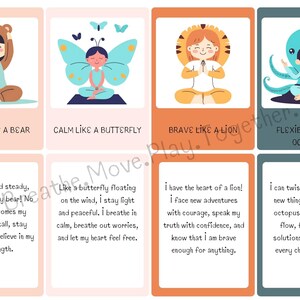 May include: Four colorful cards with illustrations of a bear, butterfly, lion, and octopus. Each card has a positive affirmation about being strong, calm, brave, and flexible. The text on the cards reads: "Strong like a bear", "Calm like a butterfly", "Brave like a lion", and "Flexible like an octopus".