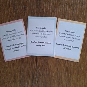 May include: Three colorful cards with instructions on how to do different exercises. The first card is pink and says "How to do it: Sit with feet flat and hands behind you, then lift up and walk sideways like a crab!" The second card is white and says "How to do it: Walk on hands and feet, keeping your knees off the ground. Growl if you like!" The third card is orange and says "How to do it: Stand tall with hands on hips, feet wide apart - feel strong and powerful!"