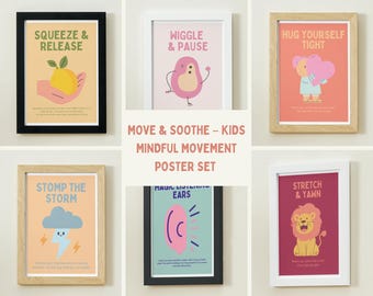 Muévete y Tranquilízate – Set de pósteres de movimiento consciente para niños (6 pósteres imprimibles)