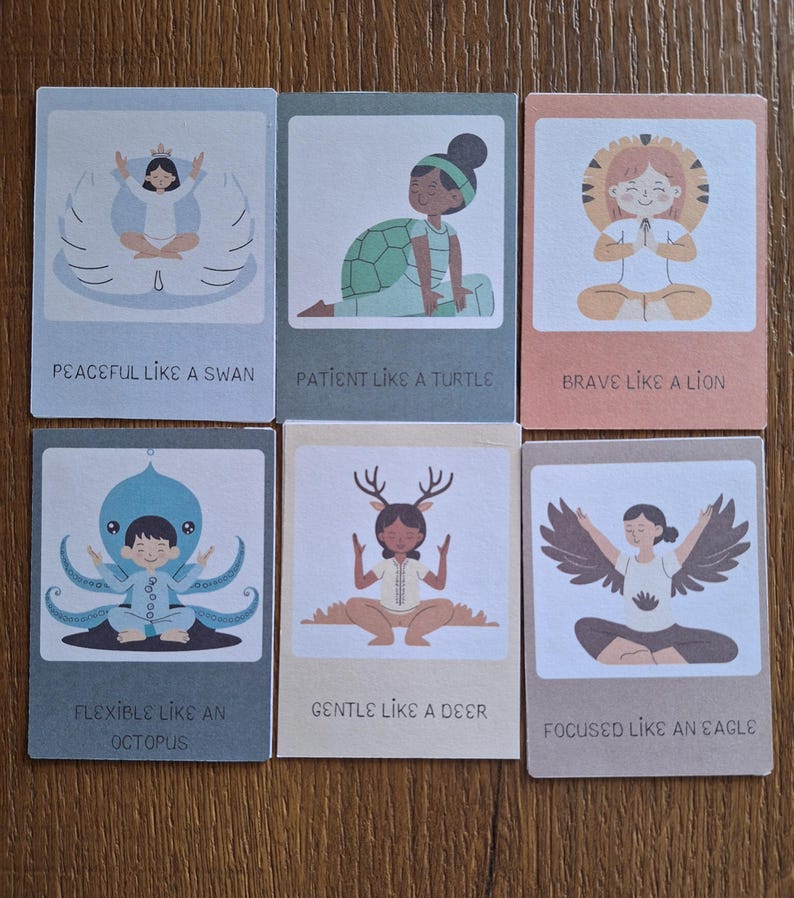 May include: Six colorful cards with illustrations of animals and people in yoga poses. Each card has a phrase describing the animal's qualities, such as "Peaceful like a swan" or "Brave like a lion".