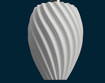May include: A white, pendant light fixture with a spiral design. The light fixture is suspended from a silver-colored metal rod against a dark blue background. The fixture has a smooth, curved surface.