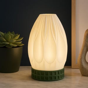 May include: A white, illuminated table lamp with a textured, petal-like design. The lamp has a green, geometric base and sits on a white surface. A potted succulent and a stone sculpture are also visible.