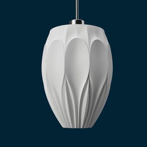May include: A white, pendant light fixture with a unique, textured design. The light has a rounded, elongated shape with vertical, petal-like indentations. It hangs from a silver-colored cord and a matching ceiling mount against a dark blue background.