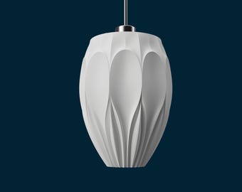 May include: A white, pendant light fixture with a unique, textured design. The light has a rounded, elongated shape with vertical, petal-like indentations. It hangs from a silver-colored cord and a matching ceiling mount against a dark blue background.