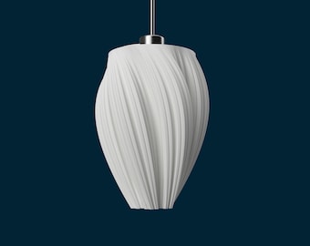 May include: A white, textured pendant light fixture with a swirling, ribbed design. The light hangs from a silver-colored cap and cord against a dark blue background. The fixture has a unique, modern aesthetic.