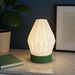 May include: A modern white and green table lamp with a unique, geometric design. The lamp has a textured green base and a white, pleated shade. A green book and a potted plant are also visible.