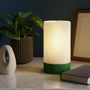 May include: A modern table lamp with a white, pleated shade and a green textured base. A potted plant, a decorative sculpture, a framed picture, and a book are also on the table. The lamp emits a warm, inviting glow.