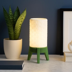 May include: A cylindrical table lamp with a textured, illuminated shade, supported by a green tripod base. A potted snake plant and a framed picture are in the background. A dark blue book is in the foreground.