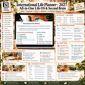 May include: A digital Notion template titled International Life Planner 2027, featuring an All-in-One Life OS and Second Brain. The layout includes sections for daily, weekly, and monthly planning, task tracking, goal setting, finance management, and health logs, with a structured connected method for organizing life areas.