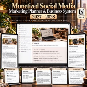 May include: A digital marketing planner and business system for 2027-2028, displayed on a laptop and multiple tablet screens. The interface features sections titled Growth Lab, Revenue Hub, Performance Intelligence, Business Today, Launch Studio, Weekly & Monthly Reviews, Operations & SOPs, and Template Vault, with text detailing business metrics and workflows.