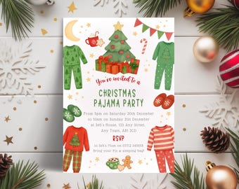 May include: A Christmas pajama party invitation with illustrations of pajamas, a Christmas tree, and festive elements. The invitation text reads "You're invited to a Christmas Pajama Party" with event details. The design includes a moon, stars, and holiday decorations.