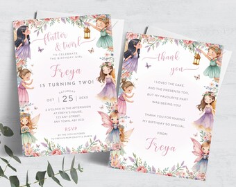 Puede incluir: Juego de dos tarjetas, una invitación y una nota de agradecimiento, con un tema de hadas. La invitación dice "Flutter & Twirl" e incluye el nombre "Freya" y los detalles de la fiesta. La tarjeta de agradecimiento tiene un borde floral y el texto "thank you".