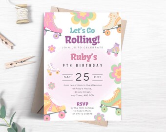 Bearbeitbare Rollschuh-Partyeinladung, Retro Let's Go Rolling-Geburtstagseinladung für Mädchen, druckbare Roller Disco Skating-Themavorlage FB31