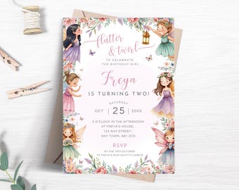 Puede incluir: Una invitación en acuarela con el texto "Flutter & Twirl" y "¡Freya cumple dos años!" presenta ilustraciones de hadas, mariposas y flores. La invitación es en tonos rosas y morados, con la fecha y hora de la fiesta.