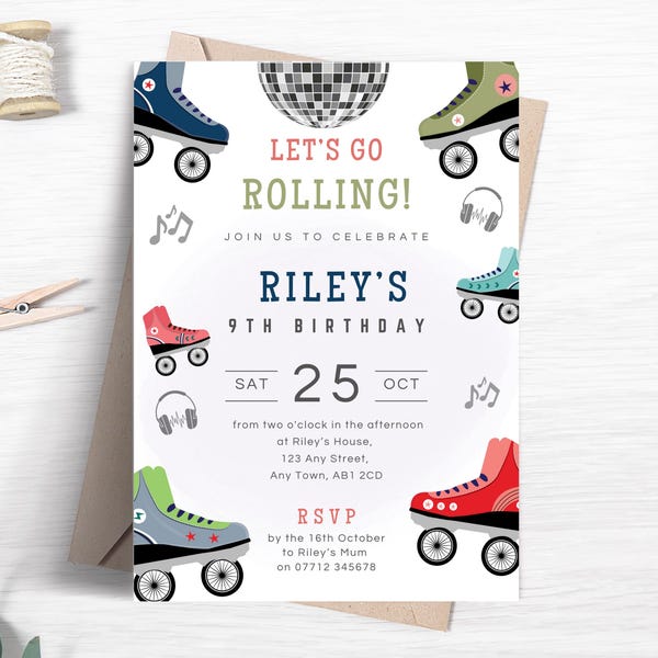 Editable Roller Skate Party Invite, Retro Let's Go Rolling Birthday Invitation for Boys, Printable Roller Disco Skating Theme Template FB32