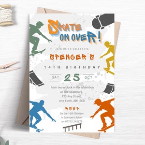 Skateboard Birthday Invitation, Editable Skateboard Party Invite for Boys, Printable Skate Park Party Theme Template, Skate On Over FB45