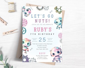 May include: A birthday invitation with the text "LET'S GO NUTS!" and "RUBY'S 7TH BIRTHDAY". The invitation features watercolor illustrations of robots, gears, and wrenches in pastel colors. The date is Saturday, October 25th.