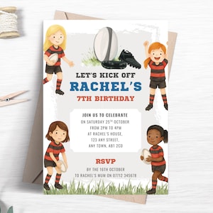 Girl’s Rugby Birthday Invitation, Editable Red & Navy Sports Invite for Girls, Rugby Theme Party Printable Template FB90