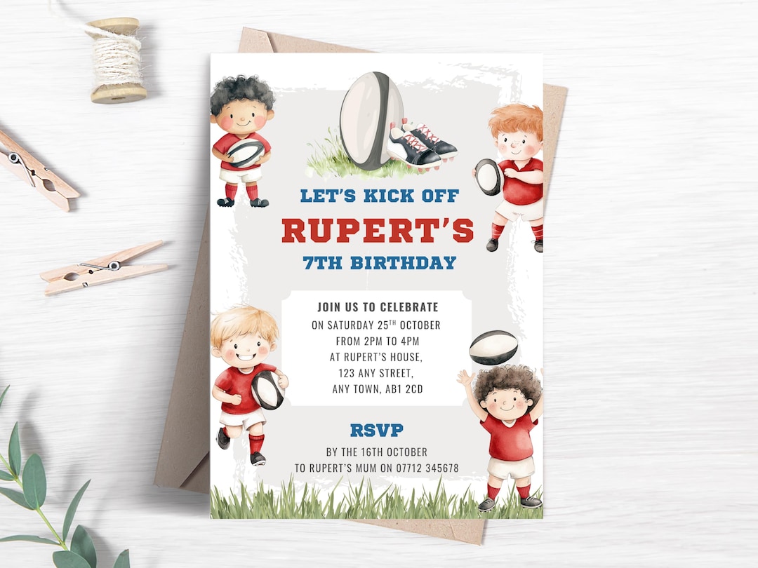 Boy's Rugby Birthday Invitation, Editable Red & White Sports Invite for ...