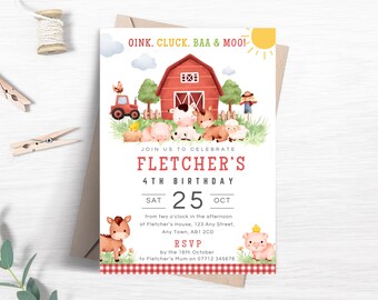 Invitación de cumpleaños editable de granja, linda invitación de fiesta de animales de granja para niños o niñas, plantilla imprimible de invitación de fiesta de granja FB21