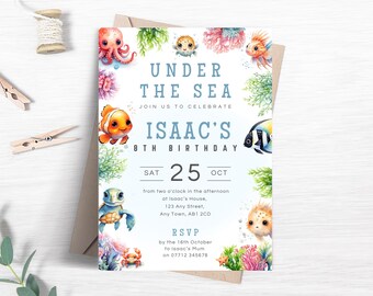 Editable Under The Sea Birthday Invitation, Sea Creatures Party Invite, Ocean Animals Themed, Tropical Reef Fish Printable Template FB09
