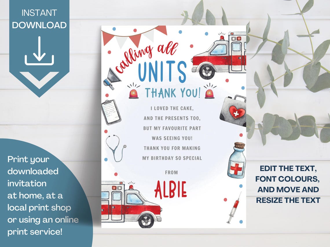 Congratulations First Aid Ambulance Birthday Thank You Card, Editable Medical First Responder ...