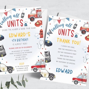 Emergency Vehicles Birthday Invitation & Thank You Card, Editable First Responders Invite, Emergency Theme Printable Template Invite FB74