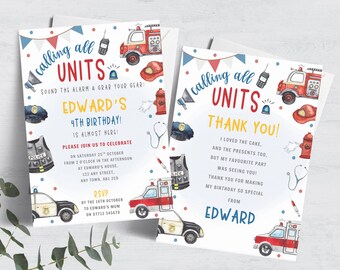 Emergency Vehicles Birthday Invitation & Thank You Card, Editable First Responders Invite, Emergency Theme Printable Template Invite FB74