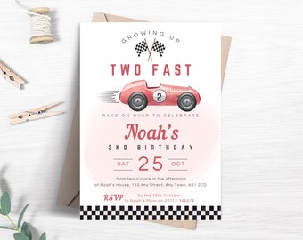 Two Fast Birthday Invitation, Editable Racing Car Invite for 2nd Birthday, Boys Red Vintage Race Car Themed Party Printable Template FB02