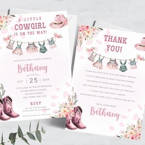 Plantilla de invitación para baby shower de vaquera, temática del lejano oeste, tarjeta de agradecimiento imprimible para chica de rodeo (FB64)