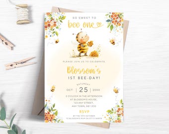 Biene Geburtstagseinladung, bearbeitbar Sweet To Bee Party einladen, Honigbiene 1. Geburtstag einladen, Bumble Bee Geburtstag druckbare Vorlage FB63