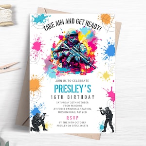 Paintball Birthday Party Invitation Template, Neon Combat Birthday Invitation, Paint Ball Invite, Boys Girls Printable Template FB53