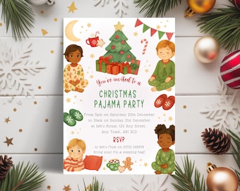 May include: A Christmas pajama party invitation featuring illustrations of children in pajamas, a Christmas tree, gifts, and festive decorations. The invitation text reads "You're invited to a Christmas Pajama Party."