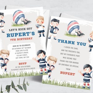 Boy&#39;s Rugby Birthday Invitation & Thank You, Editable Navy Blue Sports Invite and Thanks Boys, Rugby Theme Party Printable Template FB79
