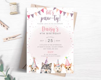 Dog Birthday Party Invitation, Editable Let's Pawty Invite, Invitation Puppy Party Theme, Pink Puppy Dog Birthday Printable Template FB69