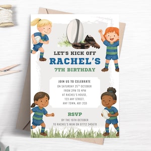 Girl’s Rugby Birthday Invitation, Editable Green & Blue Sports Invite for Girls, Rugby Theme Party Printable Template FB92