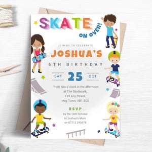 Skateboard Birthday Invitation, Editable Skateboard Party Invite for Boys and Girls, Printable Skate Park Party Template, Skate On Over FB47