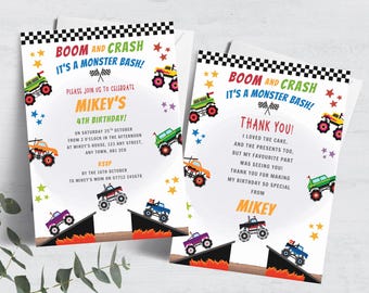 Monster Truck Birthday Invitation & Thank You,  Boom Crash Monster Bash! Editable Trucks Party Bundle, Big Wheels Printable Template FB77