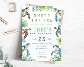 Sea Turtles Birthday Invitation, Editable Under The Sea Party Invite for Boys or Girls, Printable Ocean Animals Theme Template FB34