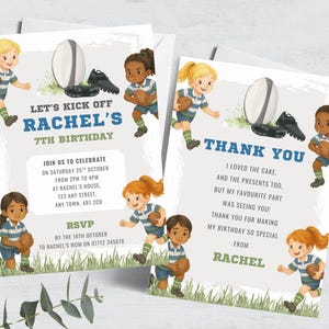 Girl’s Rugby Birthday Invitation & Thank You, Editable Blue and White Sports Invite for Girls, Rugby Theme Party Printable Template FB91