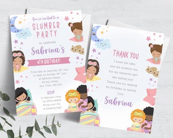 Girl's Slumber Party Birthday Invitation, Editable Pink Sleepover Invite for Girls, Sleep Party Theme Printable Template FB108