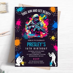 Paintball Birthday Party Invitation Template, Combat Neon Invitation, Paint Ball Invite for Boys or Girls Printable Template FB53