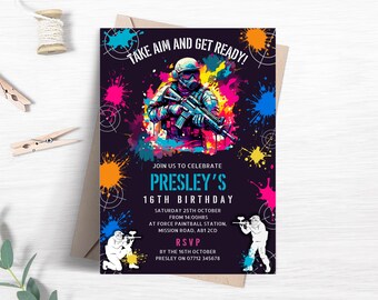 Plantilla de invitación para fiesta de cumpleaños de paintball, invitación de combate neón, invitación de paintball para niños o niñas, plantilla imprimible FB53